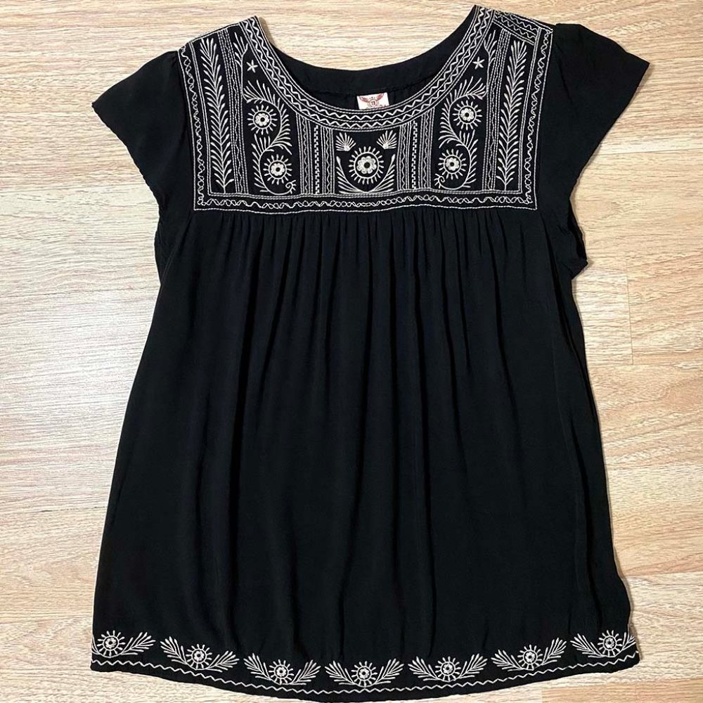 Embroidered Silky Blouse Capped Sleeves Sunflowers